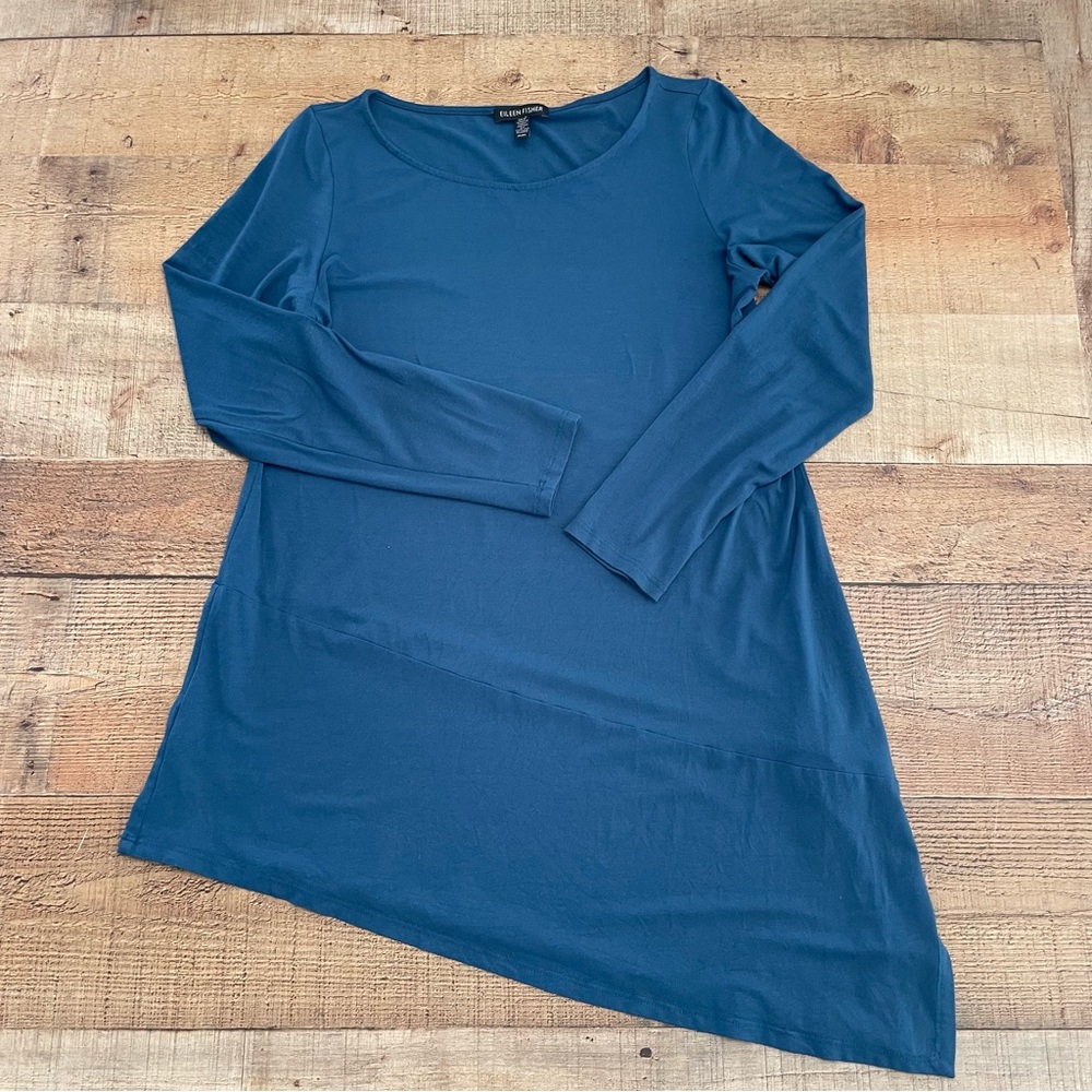 Eileen Fisher Jersey Knit Long Sleeve Top Assymetrical Hem Blue Size MEDIUM - Picture 1 of 7